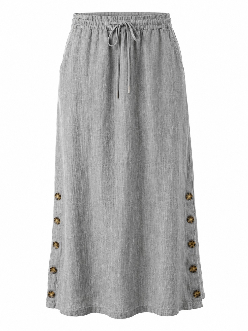 TAHARI | Airy 100% Linen Gray Button Side Maxi Skirt Drawstring Pockets | S
